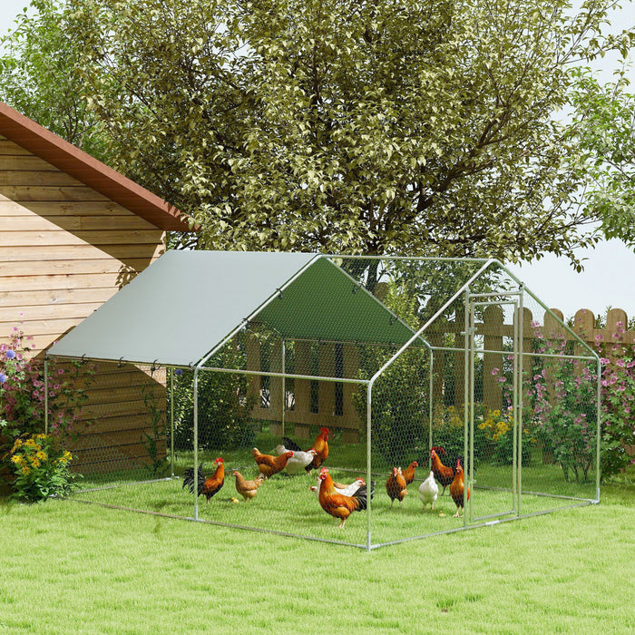 PawHut Metal Chicken Coop, 9.8 x 11.2 FT Walk-in Chicken Run with Weatherproof UV Cover, Lockable Door, Large Outdoor Poultry Cage for 10-15 Chickens, for Farm Yard Garden, Silver