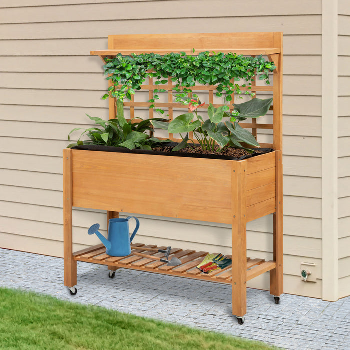 Outsunny Wooden Raised Garden Bed With Wheels And Brakes, Elevated Planter Box With Trellis And Shelves, For Growing Flowers, Vegetables, Herbs In Backyard, Garden, Patio, Balcony