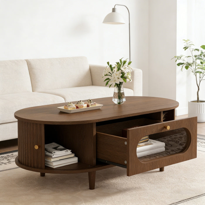Grain 39.3 Inch Walnut Coffee Table with Roll-Up Door and Acrylic Drawer, Walnut