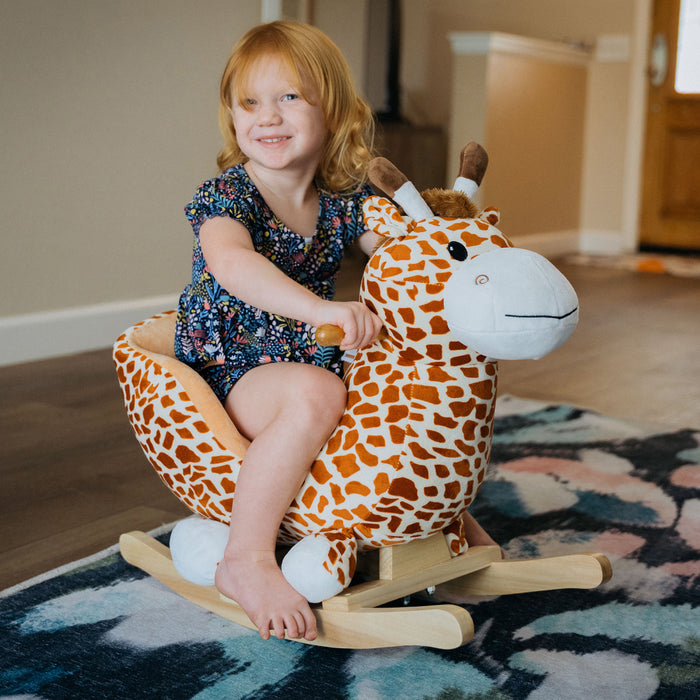 Qaba Wooden Plush Children Kids Rocking Horse Chair For Toddlers With Sound And Safety Belt, Giraffe For Boys And Girls