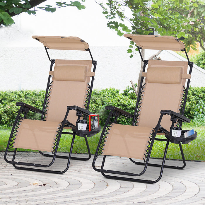Outsunny 2 Piece Foldable Lounge Chair With Canopy Shade, Beige