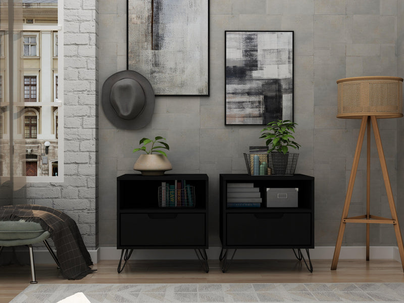 Rockefeller Mid-Century Modern 20\" Nightstand in Black (1-Drawer) - Set of 2