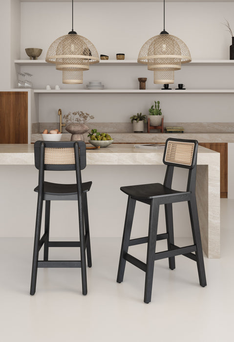 Versailles Industry Chic Cane Back Wood Counter Stool in Black and Natural - Set of 2
