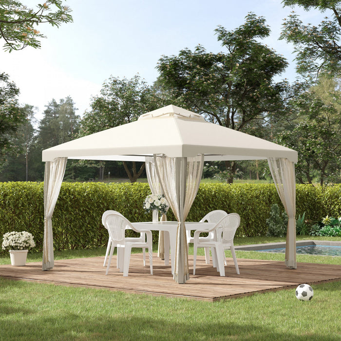 Outsunny 10' X 10' Patio Gazebo Outdoor Pavilion 2 Tire Roof Canopy Shelter Garden Event Party Tent Yard Sun Shade Steel Frame W/ Mosquito Netting Cream White