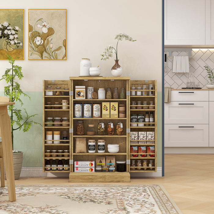 HOMCOM 41\" Rattan Kitchen Pantry Storage Cabinet with Spice Racks Natural