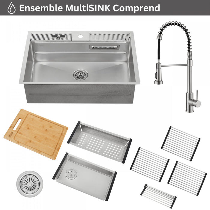 MultiSINK 33 in. Dual Mounted 3-Level Workstation Kitchen Sink, Faucet, Glass Rinser,Stainless Steel- D-WP30 Laundry Combo