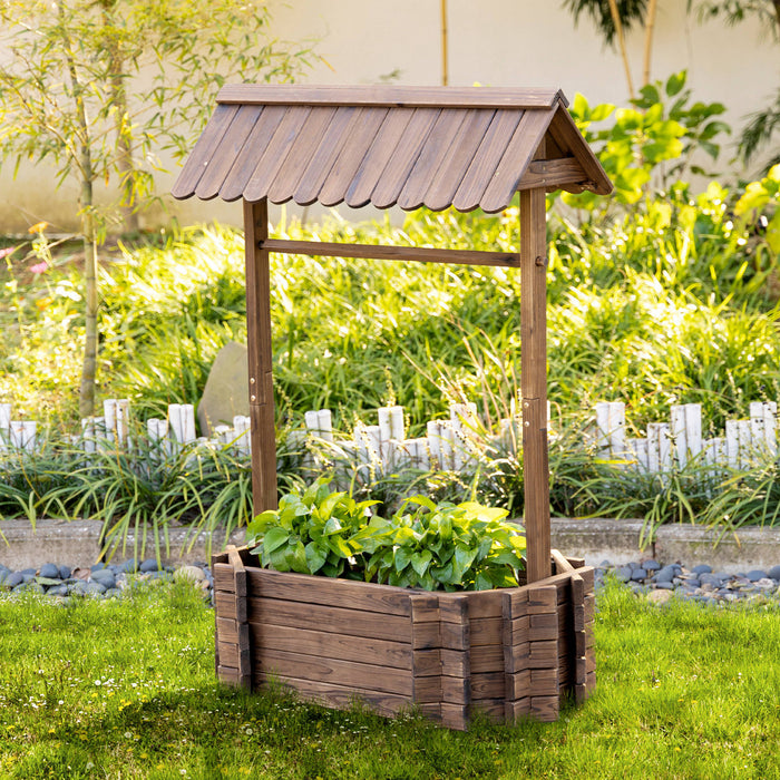 Outsunny Wooden Wishing Well Garden Bed, Rustic Outdoor Flower Planter Patio Ornamental For Plants, Herb, Vegetables, Rustic Brown