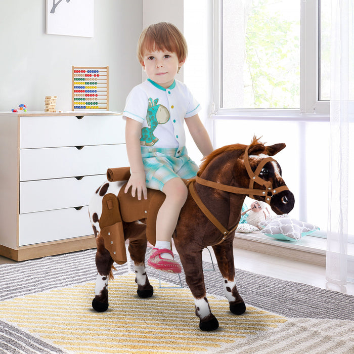 Qaba Standing Ride On Horse Children Cowboy Plush Pony Toy W/ Neighing Sound Brown