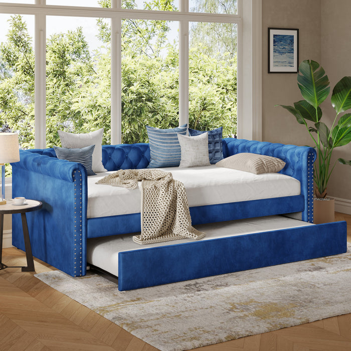 Sophia Tufted Design Upholstered Daybed with Trundle and Comfortable Backrest,Blue