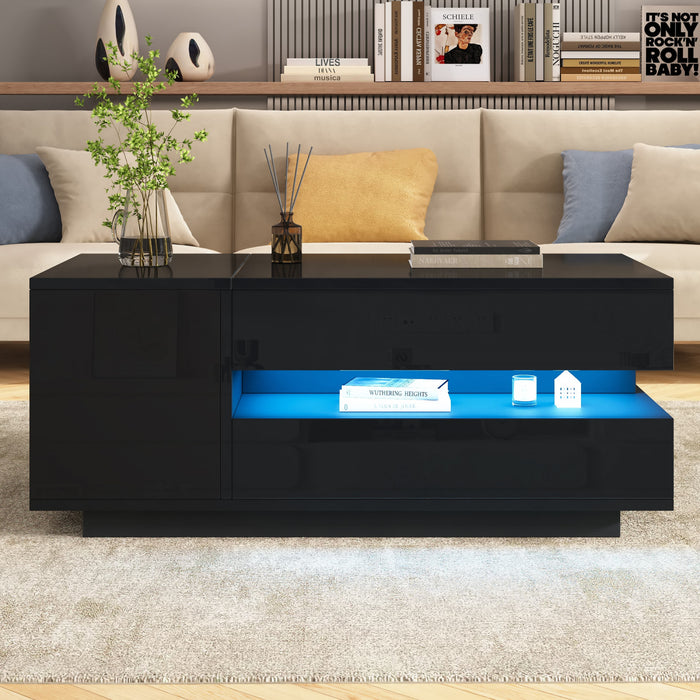 Oliver Height Adjustable Coffee Table with Drawer Cabinet LED Lighting and Storage,Black