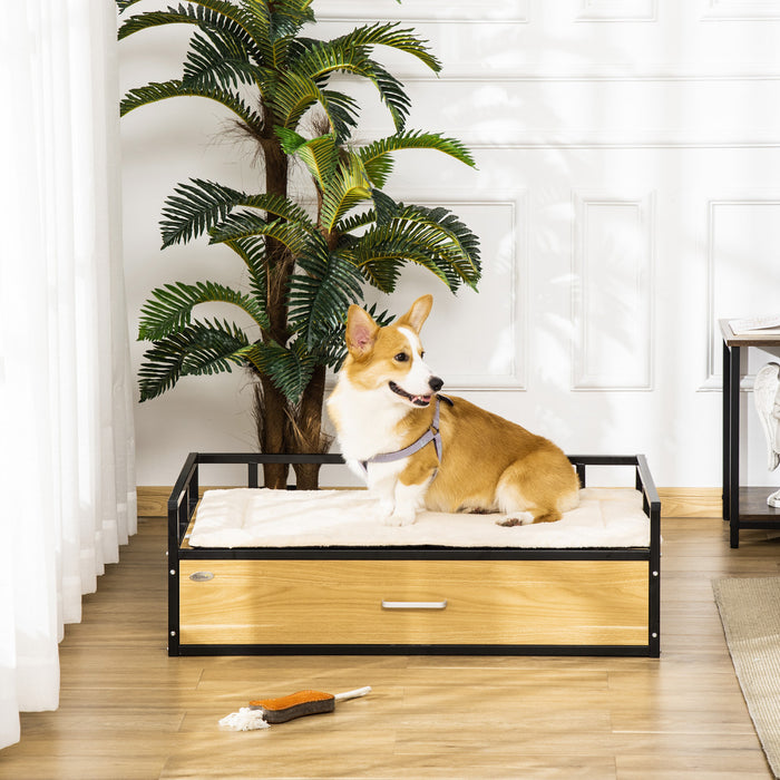 Pawhut 39.25\" Elevated Dog Bed, Furniture Style Pet Couch, Soft Modern Puppy Sofa, With Storage Drawer, Washable Cushion, Steel Frame, For Medium Dogs, Oak