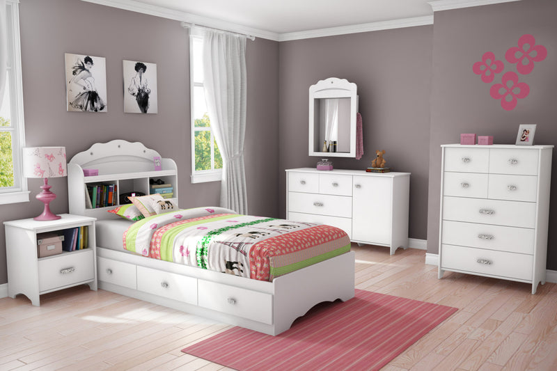 Tiara Mates Bed With Bookcase Headboard Set - Pure White