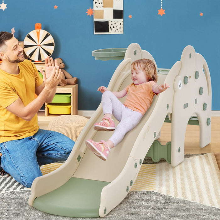 Costway 3-in-1 Toddler Slide With Buffer Zone Basketball Hoop & Ball Elephant Design
