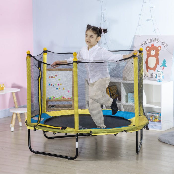 Qaba 55\" Trampoline for Kids, 44.5\"H Indoor Outdoor Toddler Trampoline with Safety Enclosure Net, Baby Recreational Play for Boys and Girls, Ages 3-10, Yellow