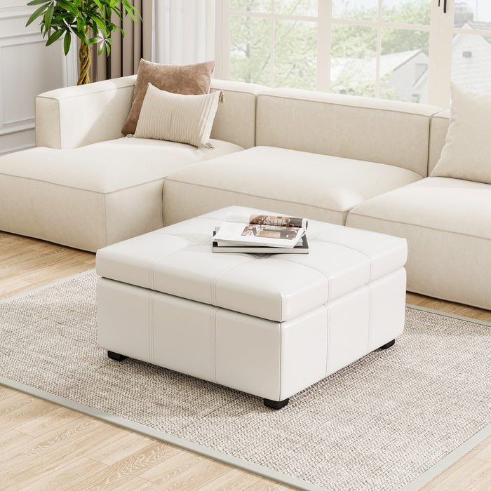 Liam 34.25\" Large Square Faux Leather Ottoman Coffee Table with Storage,Beige