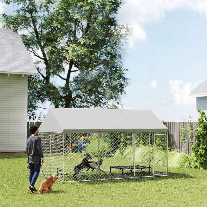 Pawhut Large Dog Kennel With Roof And Safety Lockable Latch, Heavy-duty Galvanized Steel Dog Run Chain Link W/ Waterproof Uv-resistant Cover, 13.1' X 7.5' X 7.8'