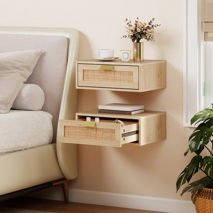 HOMCOM Floating Bedside Tables Set of 2, Boho Nightstands with Drawer, Oak