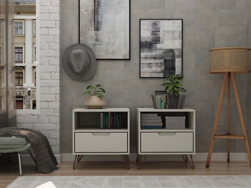 Rockefeller Mid-Century Modern 20\" Nightstand in Off White (1-Drawer) - Set of 2