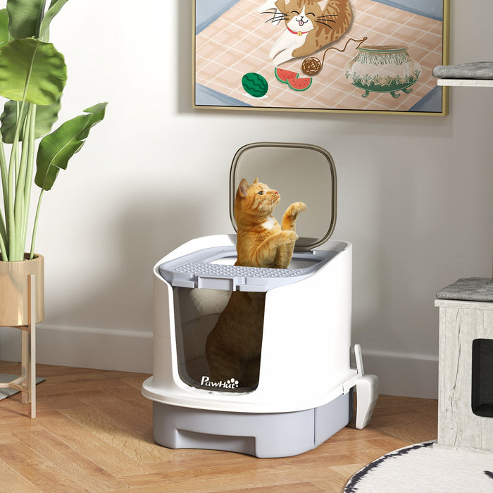 Pawhut Cat Litter Box With Lid, Enclosed Kitty Litter Pen With Scoop, Top Entry, Deodorization Bags, Drawer Type Cat Litter Tray, Easy Cleaning, Grey