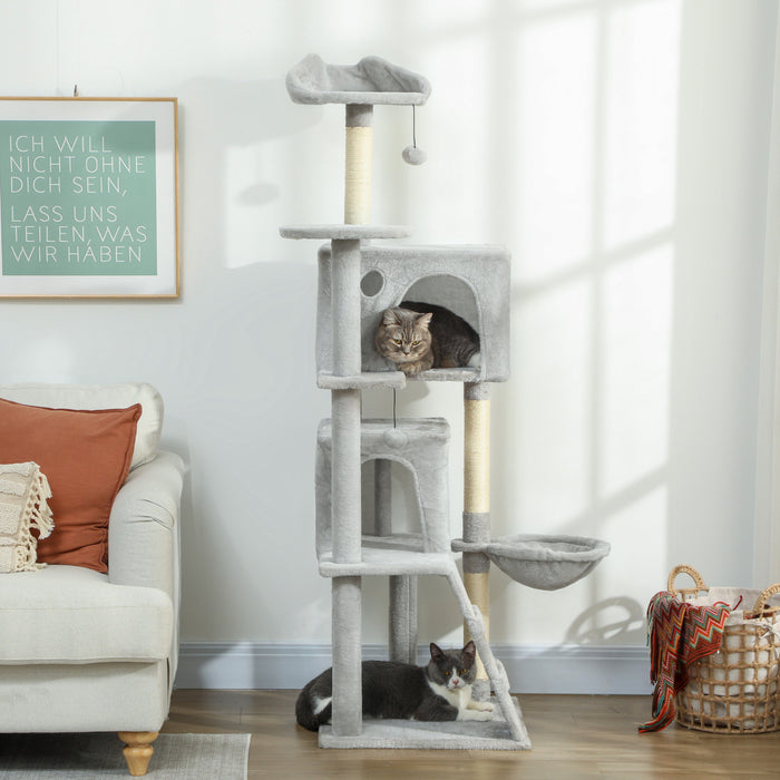 PawHut Cat Tree, 63 Inch Multi-Level Large Cat Tower with Sisal Scratching Posts, Condos, Plush Perches, Hammock, Ladder, Dangling Balls, for Indoor Kittens, Light Grey