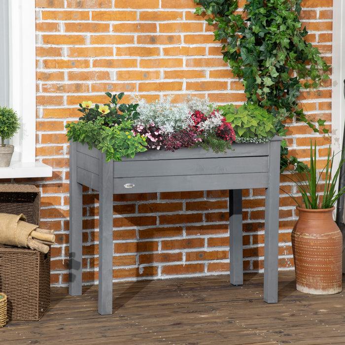 Outsunny 34\"x18\"x30\" Elevated Planter Box With Legs Wooden Patio Raised Garden Bed Outdoor Flower Stand Yard Plant Table Raised Flower Planter W/ Inner Bag Dark Grey