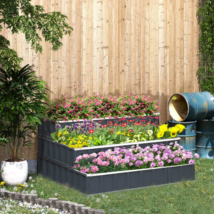Outsunny 47''x47''x25'' 3 Tier Raised Garden Bed, Metal Elevated Planer Box Kit W/ A Pairs Of Glove For Backyard, Patio To Grow Vegetables, Herbs, And Flowers, Grey
