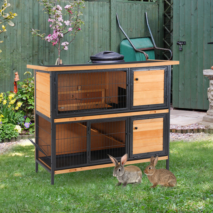 Pawhut 48\" 2-floor Large Rabbit Hutch Wooden Pet House Metal Frame Bunny Cage Small Animal Habitat With Ramp Feeding Trough Lockable Doors Run Area Asphalt Roof For Outdoor Use