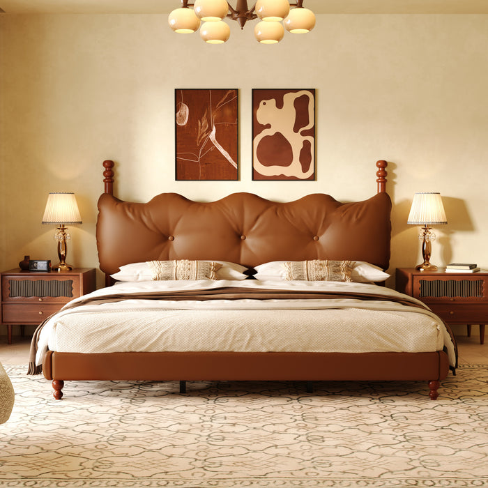Emma Faux Leather Platform Bed Frame with Headboard,King Size,Brown King Bed