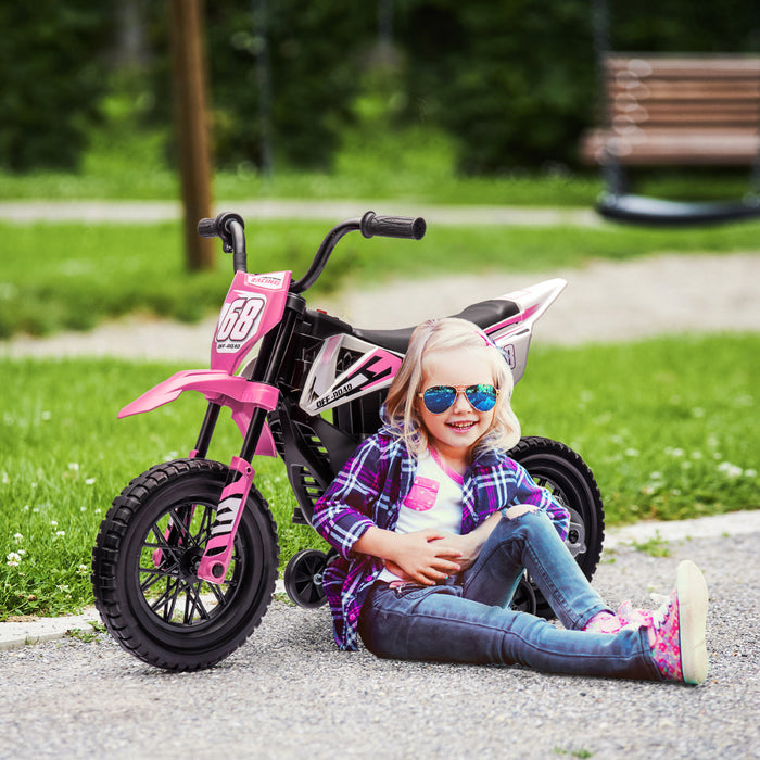 Qaba Kids Dirt Bike with Twist Grip Throttle, 12V Electric Motorcycle, Electric Bike with Training Wheels, Spring Suspension & Music, for Toddler 3-6 Years, Pink