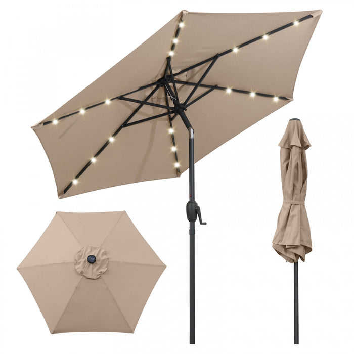 Costway 7.5 ft Solar Powered Patio Umbrella with LED Lights Push Button Tilt Crank Handle Brown