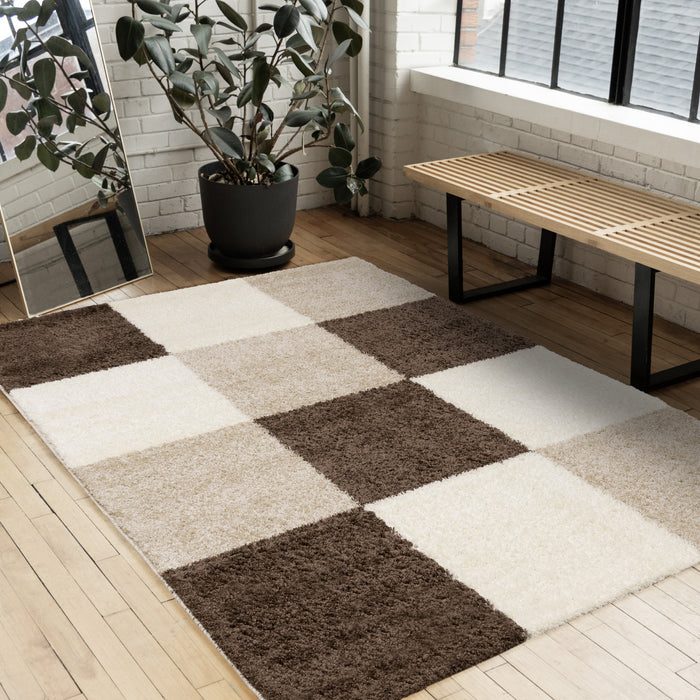 Fairmont Brown Beige White Checkered Rug, 7'10\" x 10'6\" Indoor Area Rug