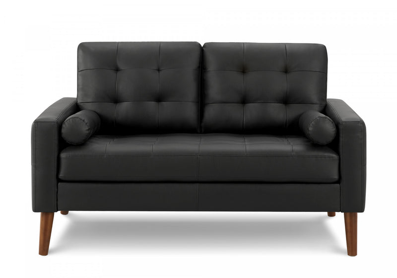 Upholstered Love Seat, 58\" Long, Black Leather Look, Walnut Wood Legs, Mid-Century Modern Loveseat