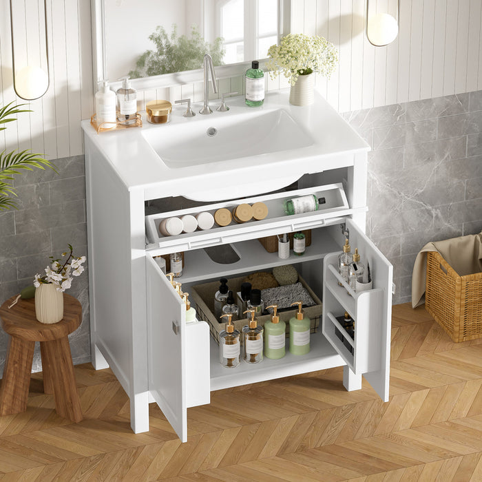 Baker 30 Inch Modern Bathroom Vanity with Ceramic Sink & Storage Cabinet, White