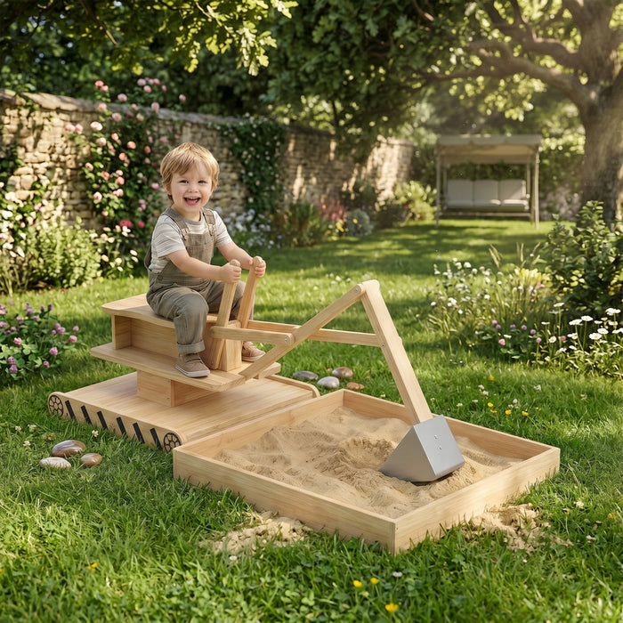 Qaba Wooden Sandbox with Digger Excavator Toy, Outdoor Kids Sandbox with 360° Rotating Seat, Sand Pit Kids Playset with Bottom Liner for Ages 3-6, 72\" x 35\" x 22\"