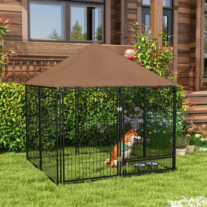 Pawhut Dog Run, 4.6' X 4.6' X 5' Outdoor Dog Kennel With Canopy, Rotating Bowls, Door For Backyard & Garden, Coffee