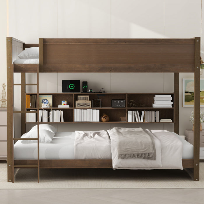 Aaron Wood Bunk Bed With Storage Cabinets And Usb Ports, Queen Size, Antique Wood