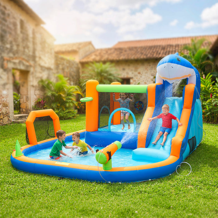Qaba 8 in 1 Bouncy Castle for Kids, Large Sharks Theme Inflatable Bounce House with Slide, Pool (Ball Pit), Climbing Wall, Ring Toss, Water Cannon, Blower for Indoor Outdoor, Blue
