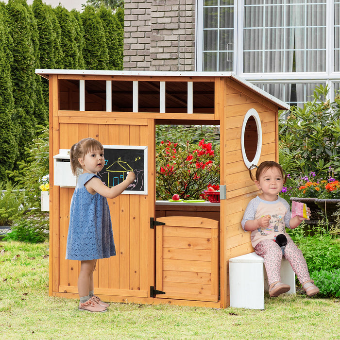 Outsunny Wooden Outdoor Playhouse for Kids with Working Door, Windows, Mailbox, Bench, Flowers Box and Blackboard for Age 3-8, Yellow