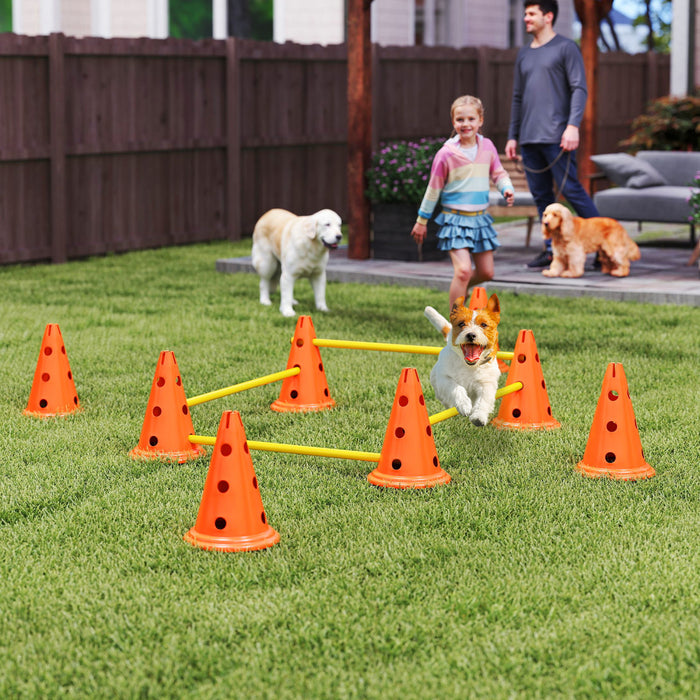 PawHut Dog Agility Hurdle Cone Set, Adjustable Obstacle Course Equipment with 8 Cones & 8 Poles, Portable Canine Agility Training Set with Carry Bag, Orange