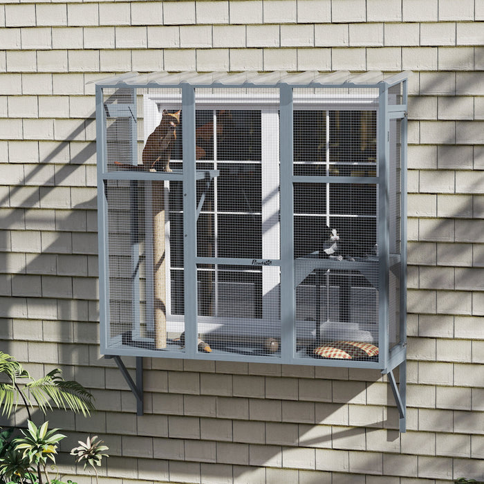 Pawhut Catio Outdoor Cat Enclosure, Cat Window Box For 2-3 Cats With 2 Jumping Platforms & Scratching Post, Expendable Secure Window Perch House For Large Indoor Cats, Grey