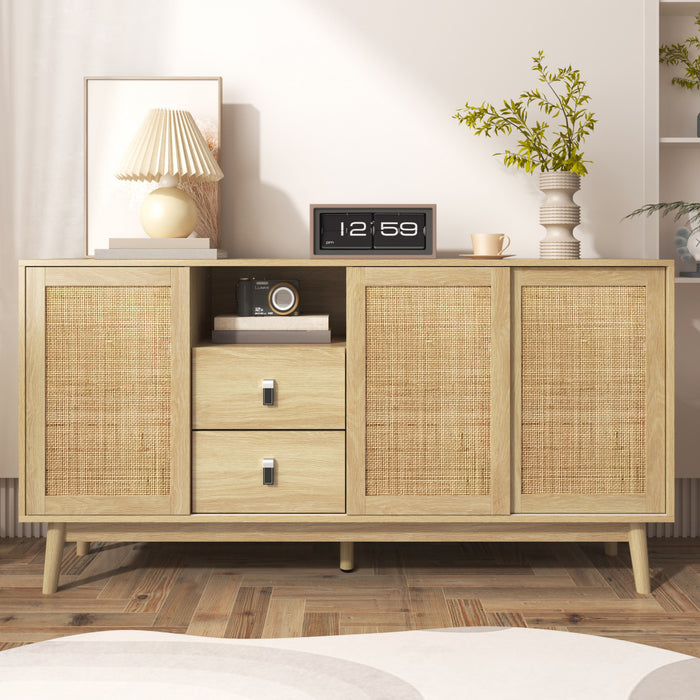 Oliver 61\" Sideboard Cabinet with Rattan Sliding Doors and Drawers,Natural Accent Cabinet