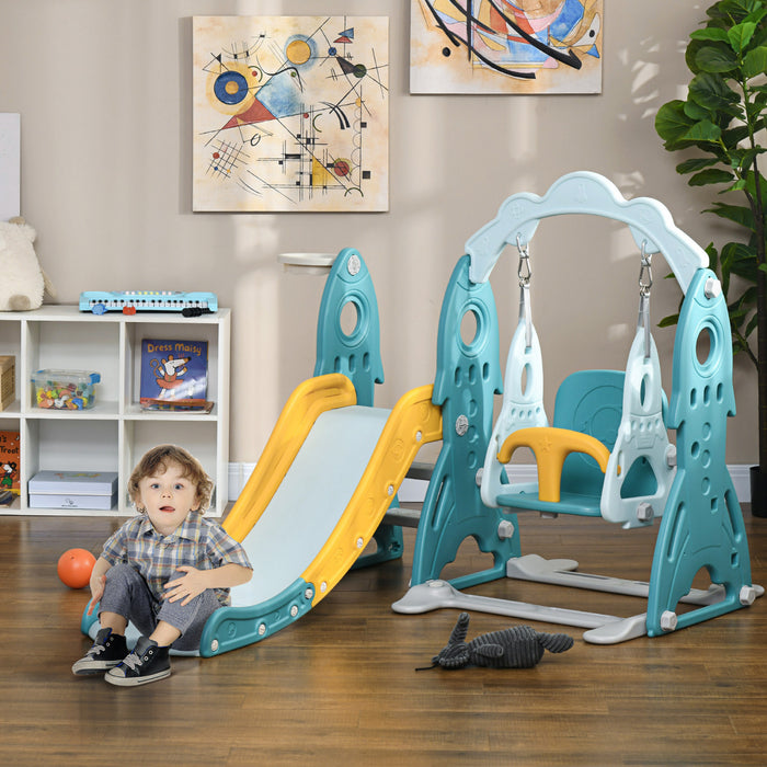 Qaba Kids Slide And Swing Set 3 In 1 Indoor Playground With Basketball Hoop, Adjustable Swing, Climber For Toddler, For Aged 1-3 Years, Light Blue