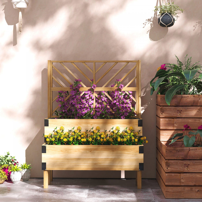 Outsunny 2 Tier Wooden Raised Bed W/ Trellis Elevated Planter Box, Natural