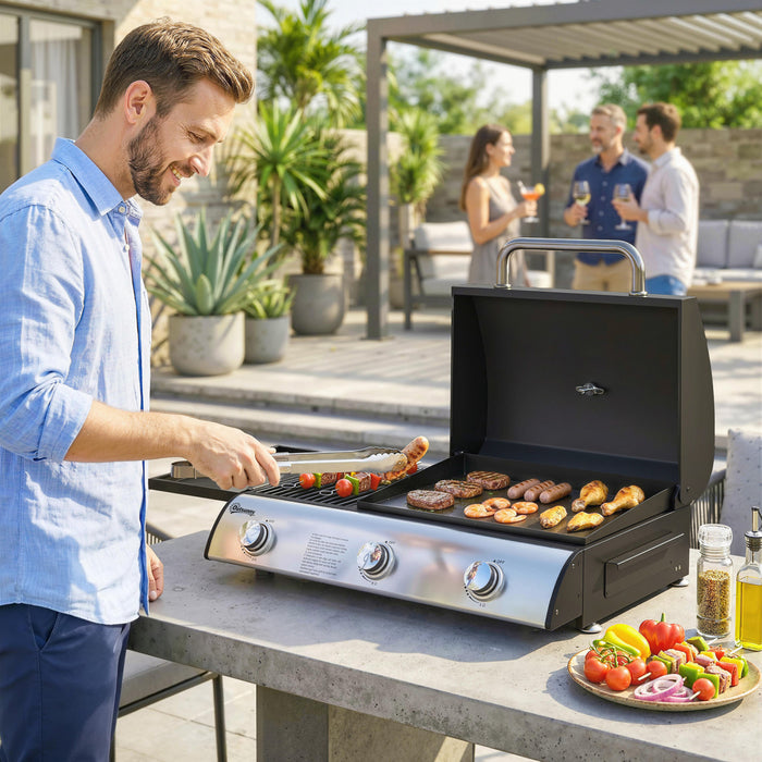 Outsunny 3 Burner Portable Propane Gas Grill Griddle, 2-in-1 Tabletop Grill and Griddle Combo with Convertible Shelf, Thermometer, Lid, Adjustable Foot Pads, 28,500 BTU, Black