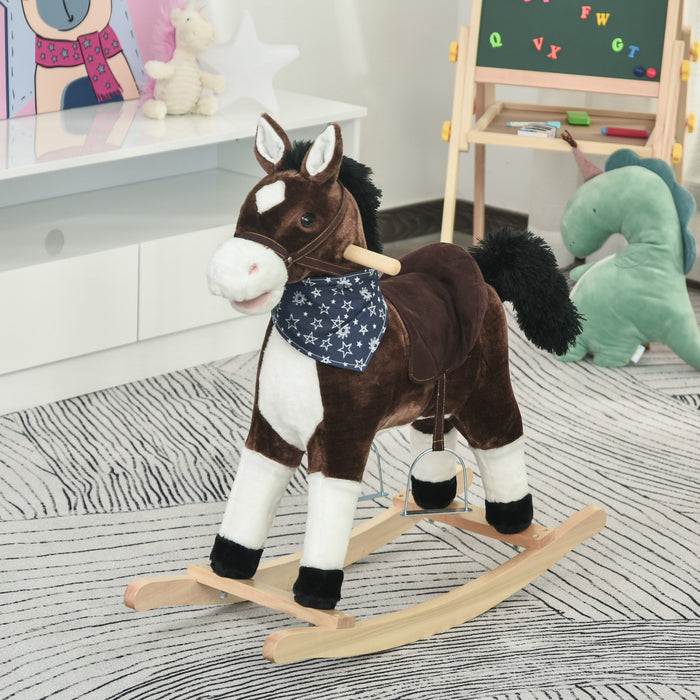 Qaba Kids Plush Ride-on Rocking Horse Toy Cowboy Rocker With Fun Realistic Sounds For Child 3-6 Years Old, Brown