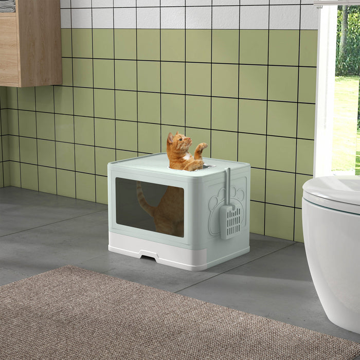 PawHut Foldable Cat Litter Box with Lid, Front Enter & Top Exit Kitten Litter Box Fully Enclosed, Pull-Out Drawer Type Large Cat Toilet with Scoop, Self-Groomer for Kitties, Green