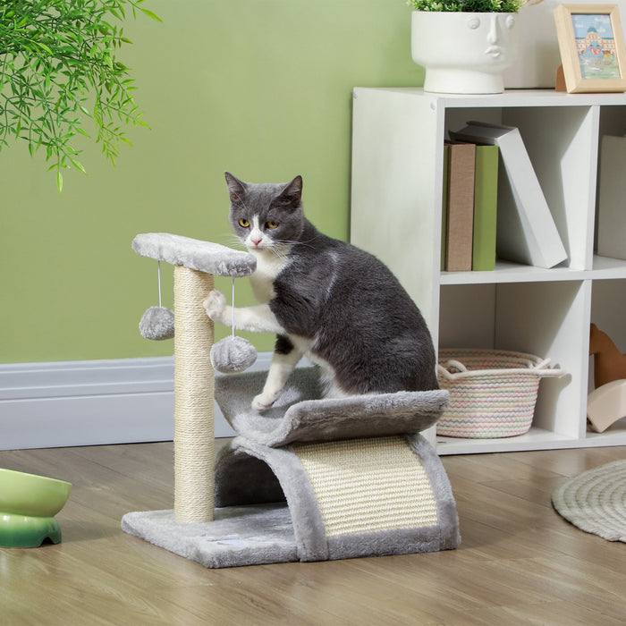 Pawhut 17\" Small Cat Tree With Rotatable Top Pole, Cat Tower With Scratching Post, Platform, Tunnel, 2 Dangling Balls, Scratching Board, Light Grey