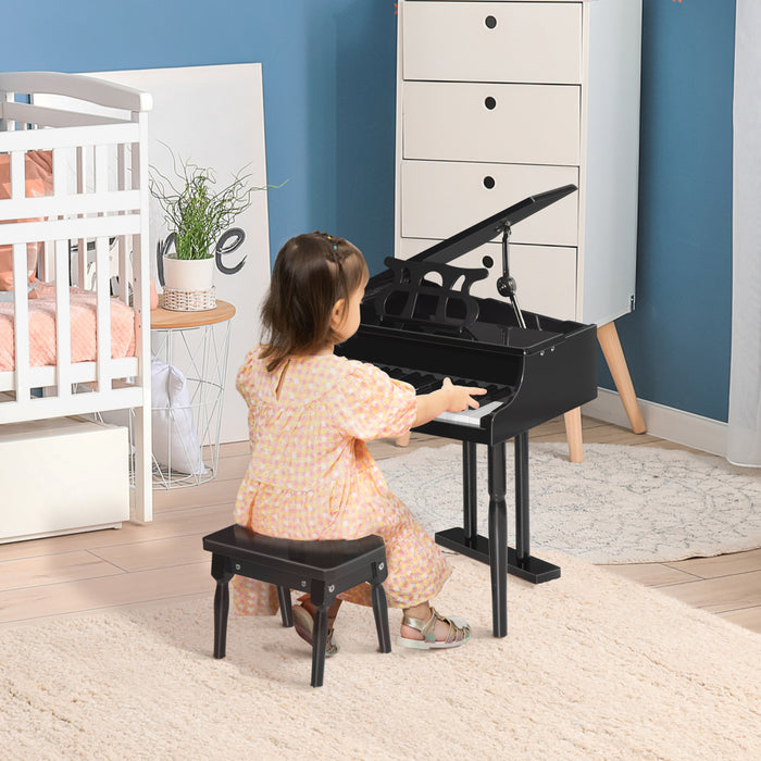 Homcom Modern Kids Piano, 30 Keys, Set Of 2, Mini Toy For Child, Grand Piano With Music Stand And Bench, Ideal Gift, Black