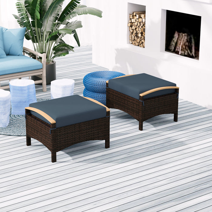 Outsunny 2 Pieces Wicker Outdoor Ottoman Footstool, Removable Cushion, Blue