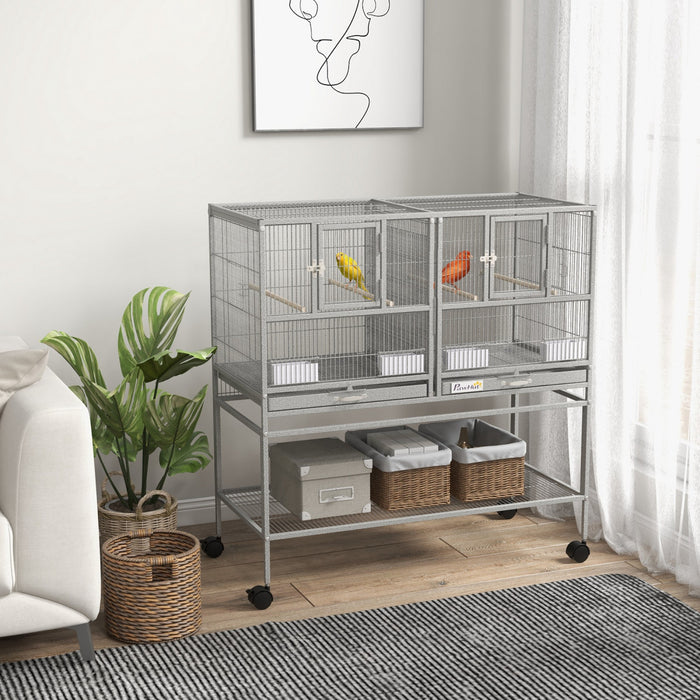 Pawhut 40\"h Divided Breeder Bird Cage With Rolling Stand Removable Metal Tray, Storage Shelf, Wood Perch, And Food Container, Light Grey